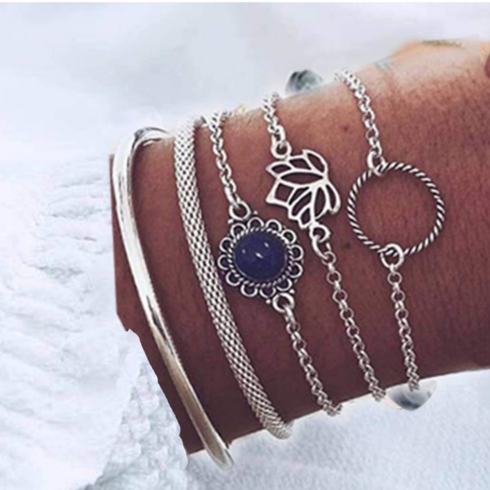 Boho vintage style silver bracelet set